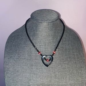 Hematite and Pink Cat’s Eye Stone Heart Necklace